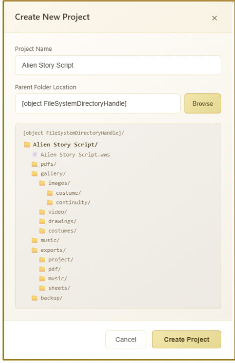 Create project dialog showing folder hierarchy with gallery, music, exports, and backup folders